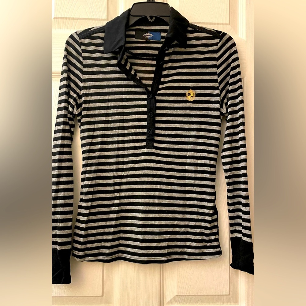 Callaway Polo Knit Top Striped Black/Grey Gold Accents Tennis/Golf